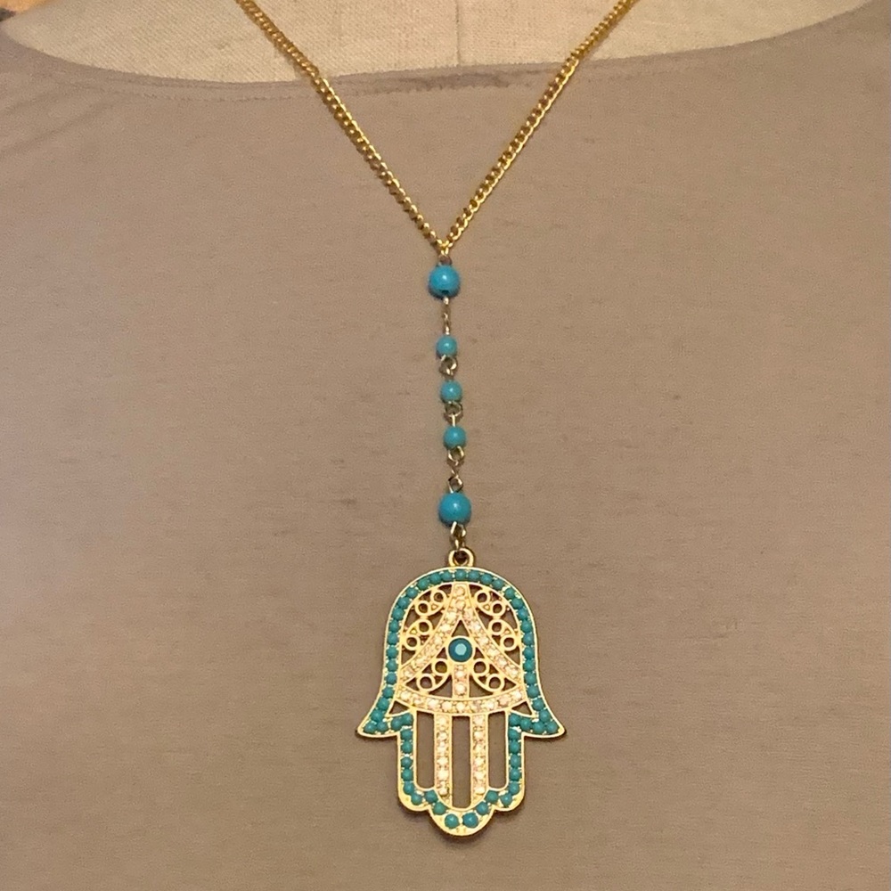 Turquoise Bead Crystal Hamsa Pendant & Necklace